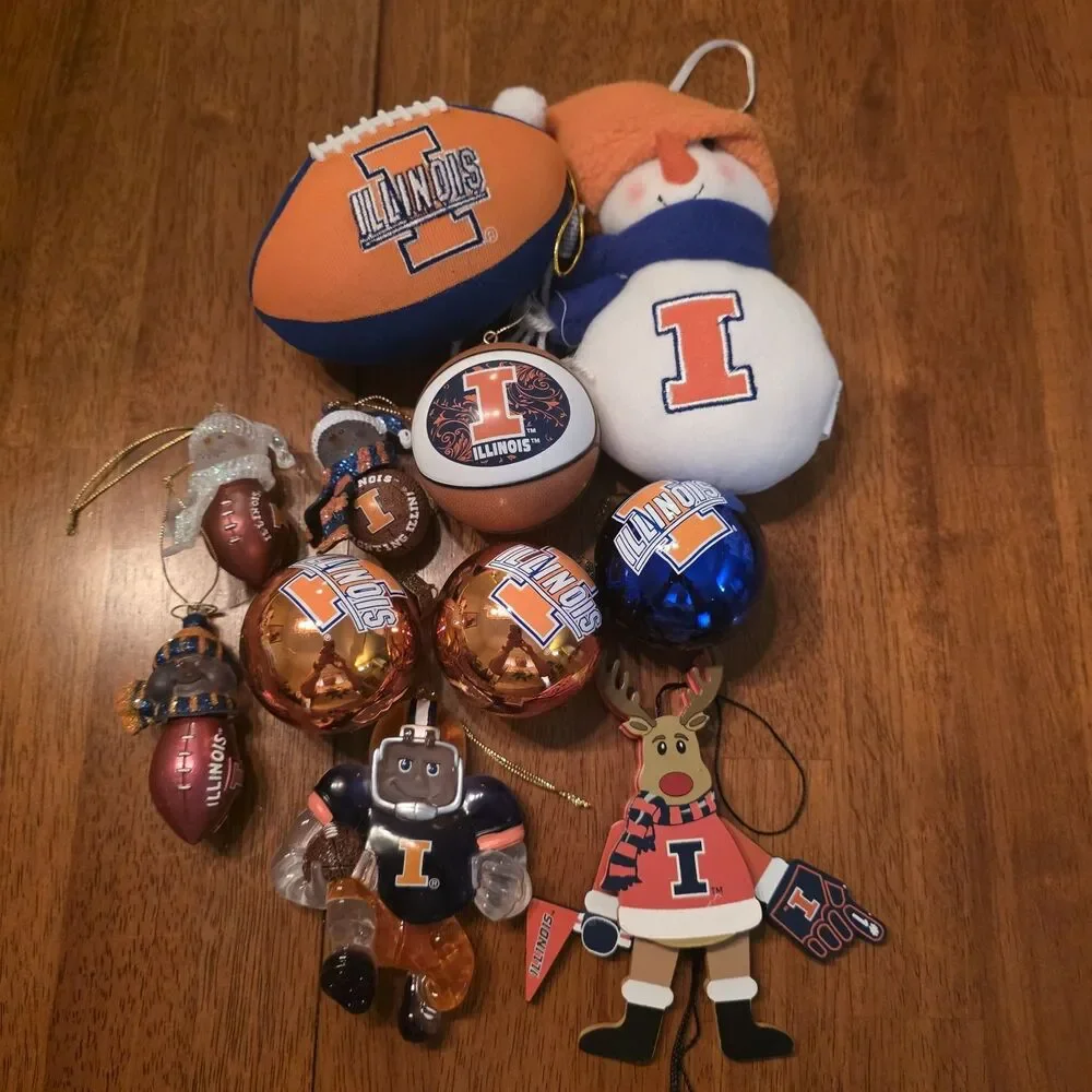 Lot Of 11 Illinois Fighting Illini Christmas Ornaments Tree Basketball Football